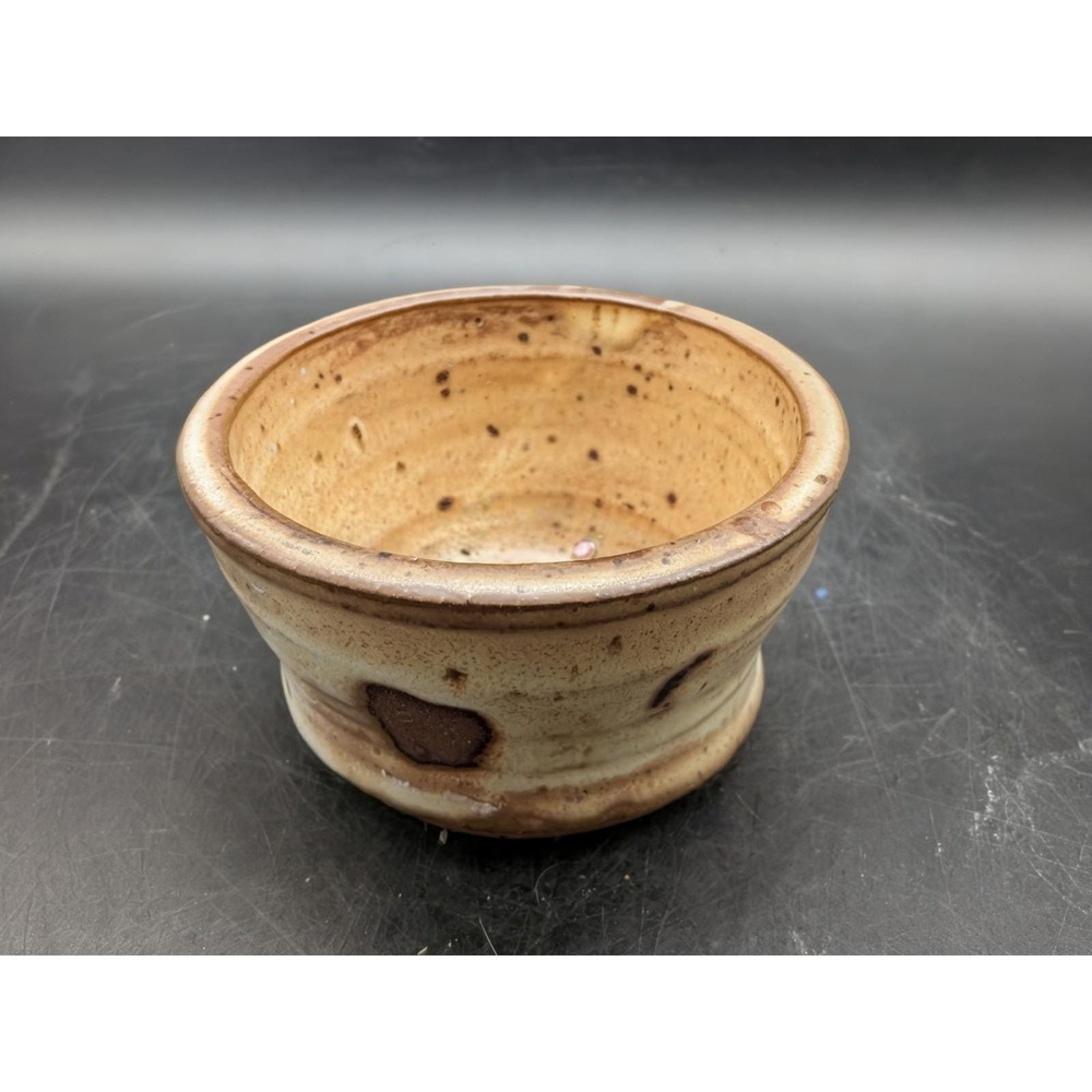 Studio Pottery Hand Thrown Stoneware Bowl Tan Brown Speckled Signed Rustic 3"